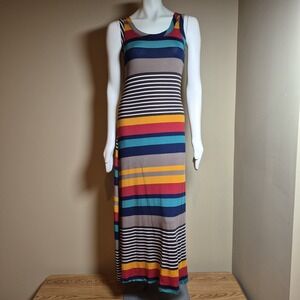 Multicolor Striped Sleeveless Maxi Dress Scoop Neck Jersey Knit Column Gown